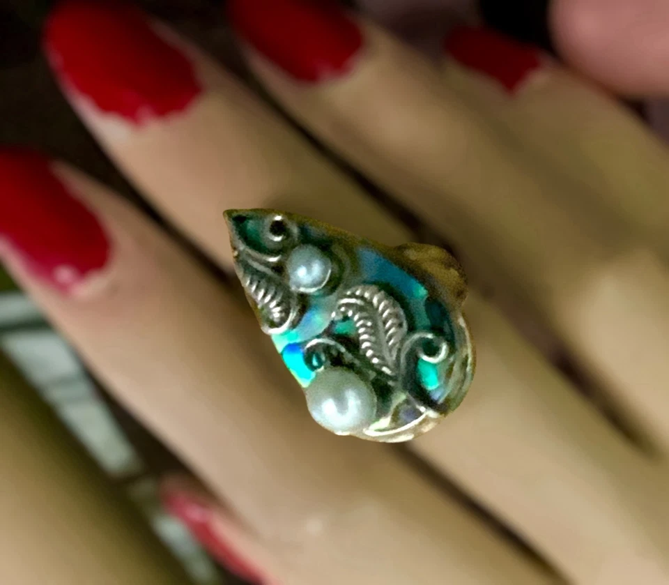 Ladies Meran Sterling Silver 925 Leaf Pearl & Abalone Shell Cocktail Ring Size 5 - Image 2 of 2