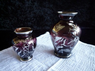 2 kleine Glas-Vasen mit Silberbemalung, Silver Overlay, Venedig