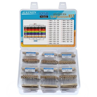 1250pcs 25 Values 1/2W Carbon Film Resistor Assortment Kit 1 2.2 3.3 10 22 47...