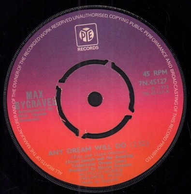 Max Bygraves Any Dream Will Do 7'' vinyl UK Pye 1972 4 prong label design 7N45127