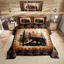 Bear Print Size Comforter Set,Wild Animal Hunt Pine Trees Retro Full Color 12
