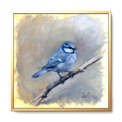 Original Oil Painting Blue Bird Wildlife Art Small Square 12x12in Canvas