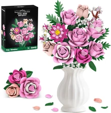 Pink Rose Bouquet Flowers Building Set, 834Pcs Roses Artificial Flowers Botanica