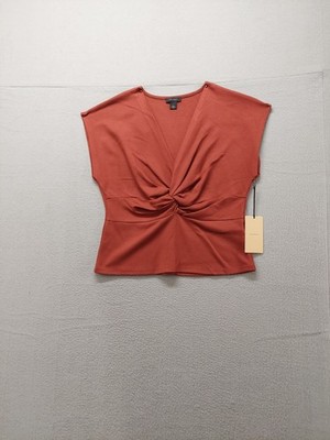 Halogen Women Blouse Top S Brown Ruched Front V Neck Sleeveless Pullover Casual