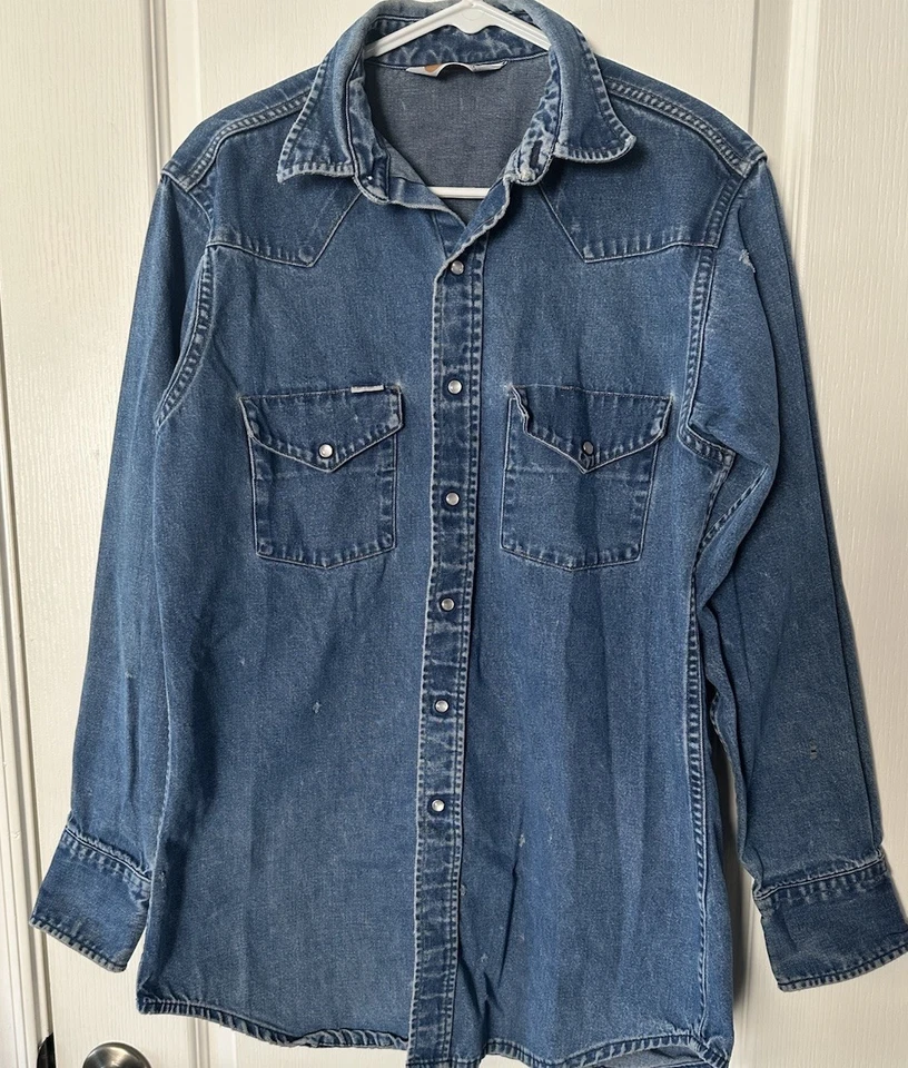 Camisa Carhartt De Colección Años 90 Para Hombre Envejecida Aplastada Azul Denim Perla Snap Grunge M Foto 3 de 4