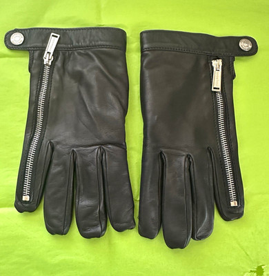 DSQUARED2 Men's Black Leather Zip Wrist Gloves Size 9 Wool Lined