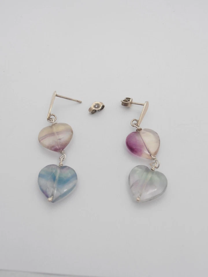Orecchini pendenti con Cuore in Fluorite e Argento 925 - Pietra Dura - Immagine 3 di 4
