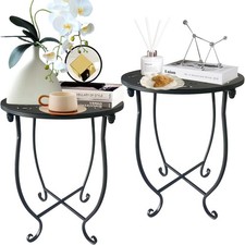 Outdoor Side Table, 14-inch Small Round Metal Patio 2Pack, Black 