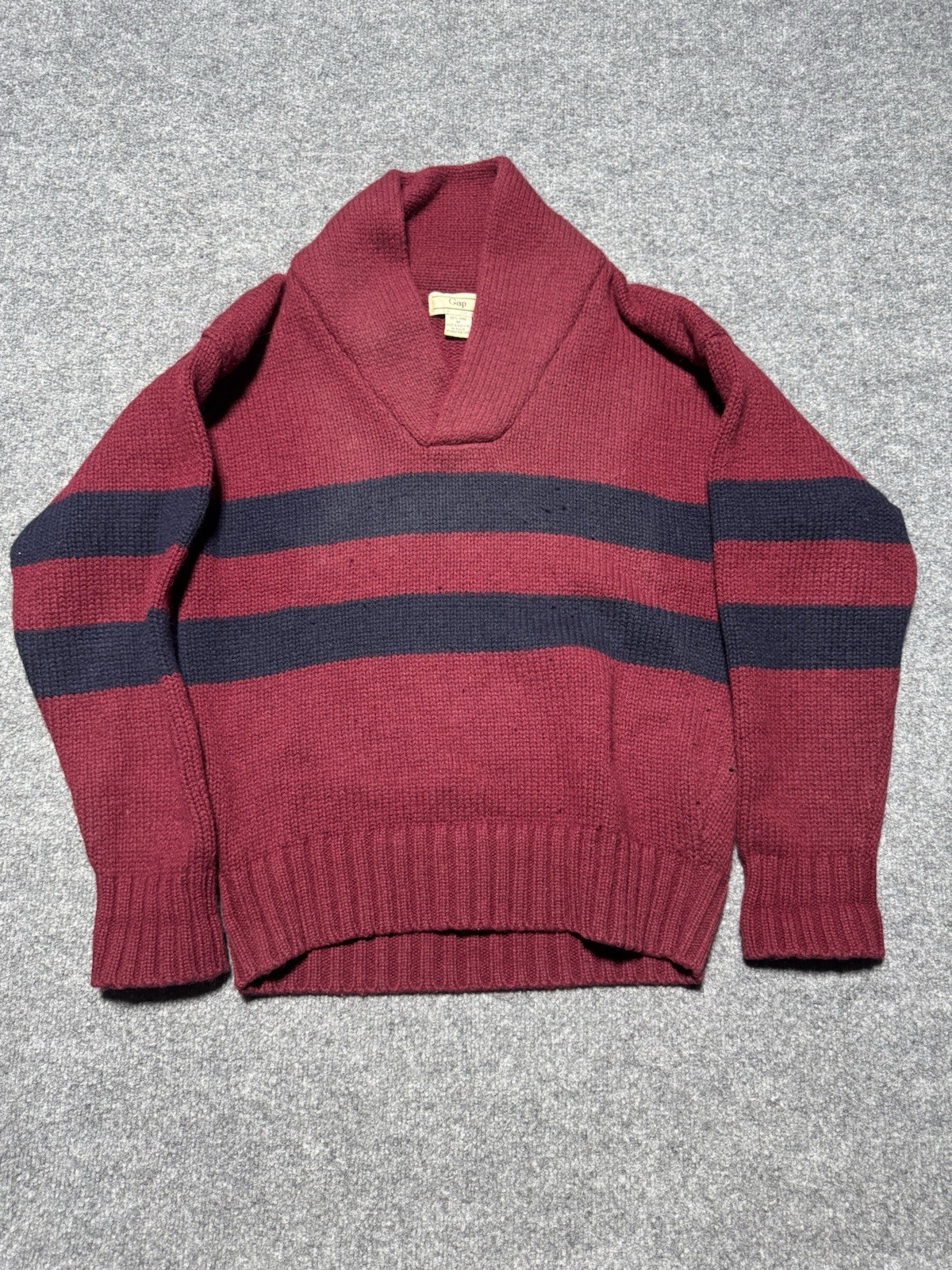 Vintage 80s Gap 100% Wool Striped Shawl Collar Sweater Medium