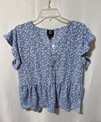 Bobeau Women's Blue Floral Flutter Sleeve Top Size Medium NEW