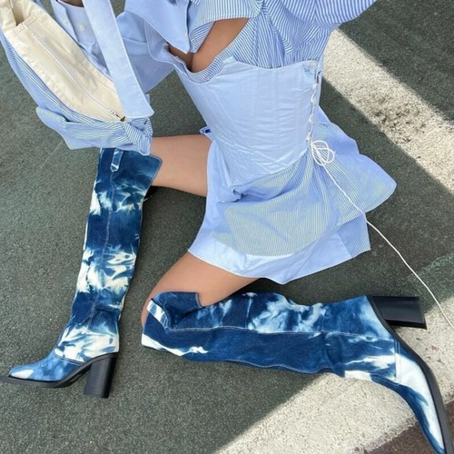 Damenschuhe mit quadratischer Zehenpartie über dem Knie hoch Denim klobiger Blockabsatz zum Anziehen - Bild 11 von 14