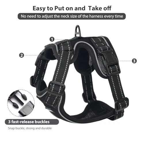 Dog Harness, Easy to Put on with 3 Buckles, No Pull Dog Vest, S Black