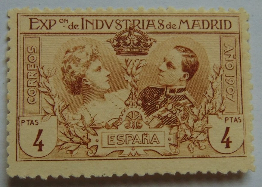 1 Marke (*) 4 Pta Spanien Industrieausstellung 1907 Mi A I f - Bild 1 von 4