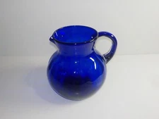 Vintage Cobalt Blue Hand Blown Ribbed Glass Pitcher Large MCM Pontil