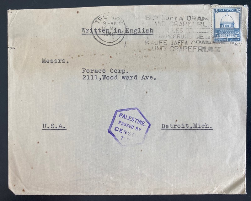 1940 Tel Aviv Palestine Commercial Censored Cover To Foraco Corp Detroit MI Usa