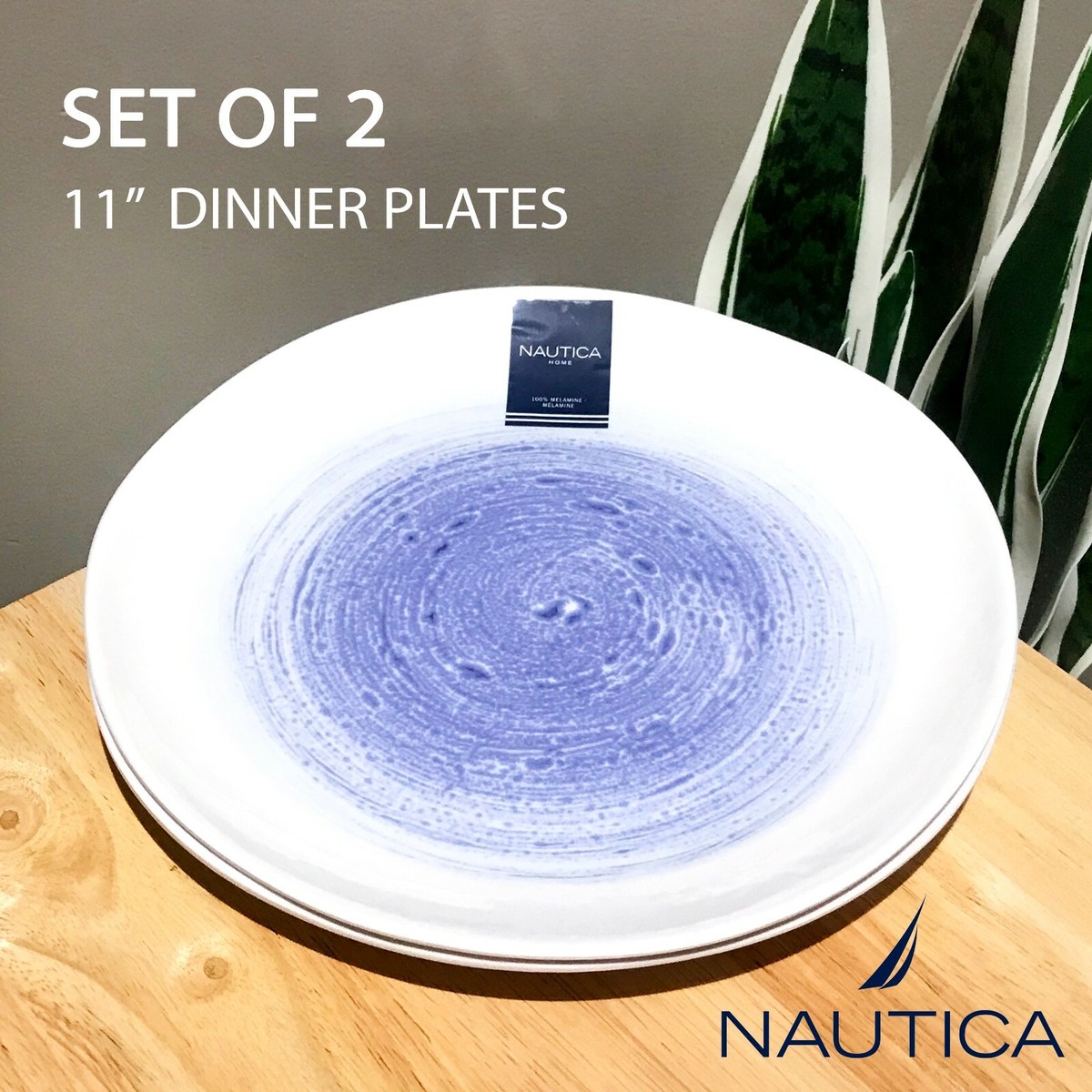 SET OF New NAUTICA Melamine Dinner Plates White Blue
