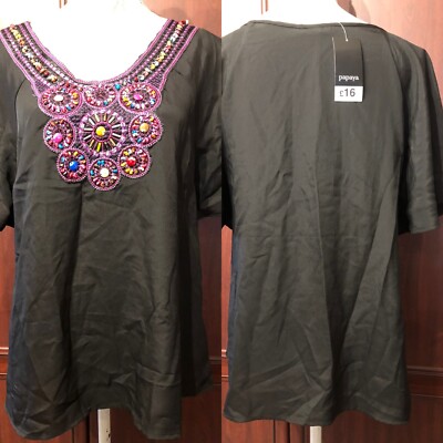 MATALAN NWT Black Beaded  Embellished Top/ Casual Holidays UK 14 RP £16