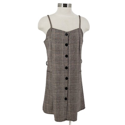 Color Thread Jumper Dress Brown Plaid Sleeveless Button Up Pockets 90s Large