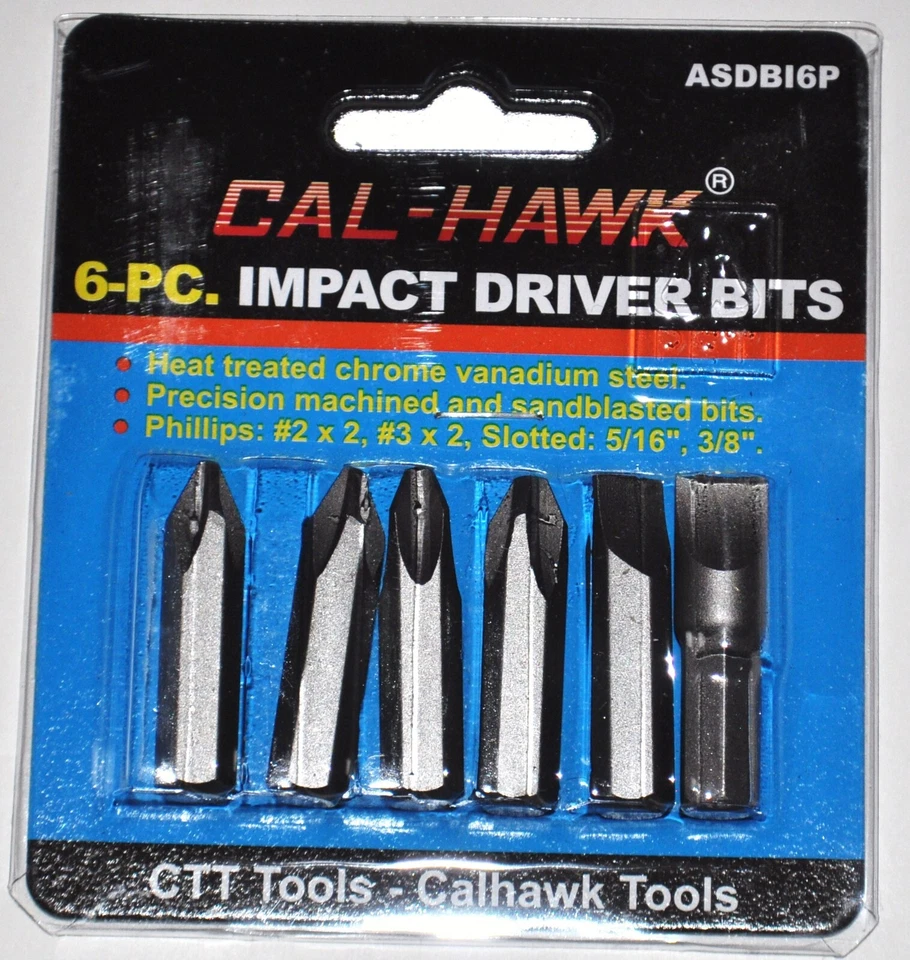 CAL-HAWK 6 Piece Impact Driver Bits Hand Tool Hammer Phillips Slotted Flat #2 #3 5/16 3/8