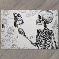 Art Print Floral Skeleton Holding Butterfly Black Ink Bubbles Blooming Surreal