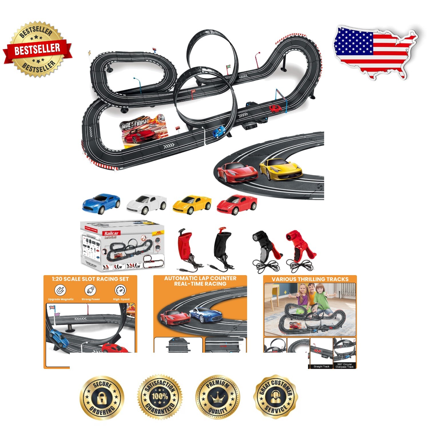 Electric Slot Car Track Set for Kids 6-12 - 4 Cars, Dual Controllers & Overpass