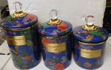 MACKENZIE-CHILD'S FLOWER MARKET LAPIS BLUE, 3 PIECE CANISTER SET,NEW