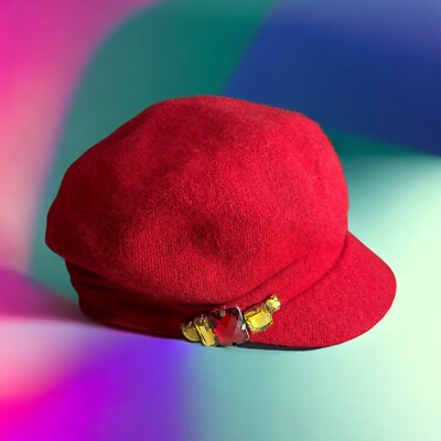 Vintage Betmar New York Red Cloche Ladies Hat Cap Red Gold Rhinestone Trim 