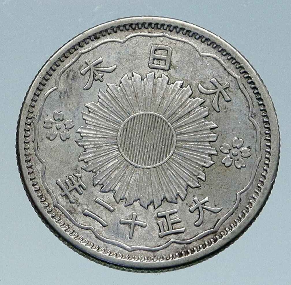 1923 JAPAN Emperor TAISHO / YOSHITO 50 Sen Antique Silver JAPANESE