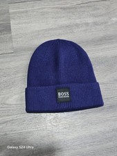 HUGO BOSS Blue Ribbed Knit Beanie Hat – Mens Winter One Size – Royal Blue