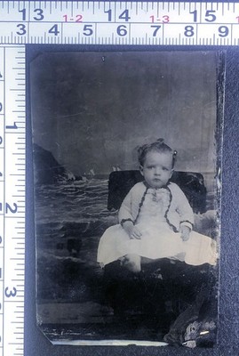Antique Tin Type 1/6 Plate Photograph Little Baby Fake Ocean Scene Background