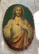 Vintage Sacred Heart Of Jesus On Lacquer Wood Plaque, Vivid Colors, 10x15  , USA