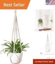 Elegant Ivory Macrame Plant Hanger with Wood Beads - 35 Inch Indoor/Outdoor B...