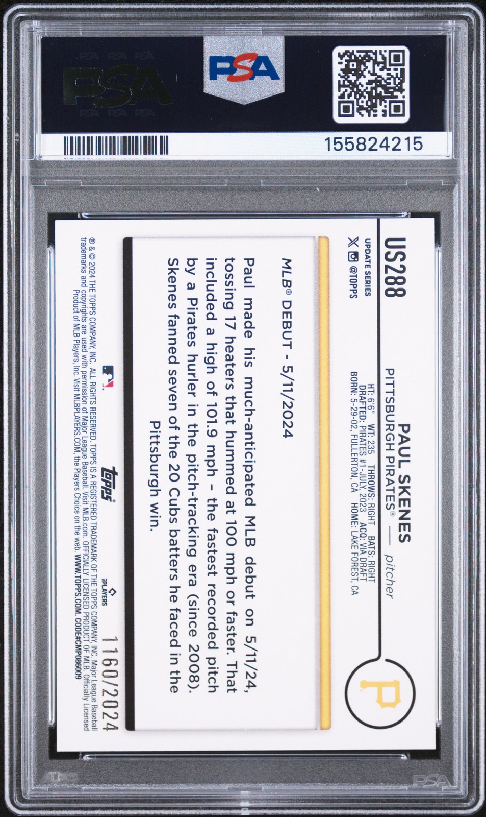 2024 Topps Update US288 Paul Skenes RC Rookie Gold /2024 PSA 8 4215 Slab Scratch view 2
