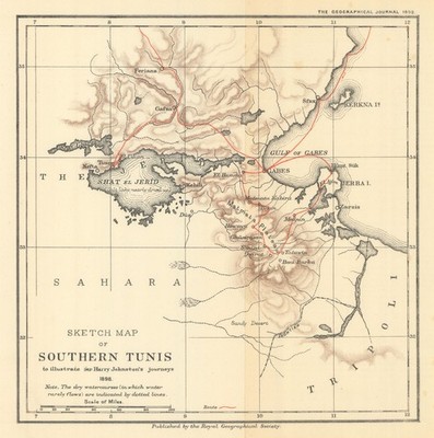 Southern Tunisia illustrating Sir Harry Johnston s journeys. RGS 1898 old map