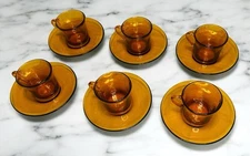 Vtg. Duralex Amber Brown Glass Espresso Cup & Saucer Set 6 Servings 12 Pcs. EUC