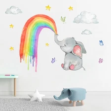 Mfault Elephant Rainbow Wall Decals Stickers, Watercolor Cloud Stars Butterfl...