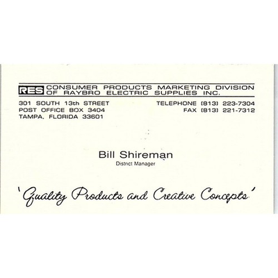#ad Raybro Electric Supplies Inc. Bill Shireman Tampa FL Business Card STK2 BC2 10 $27.00