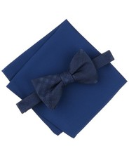 Alfani Mens Melville Plaid Bow Tie Solid Pocket Square Set Blue Navy