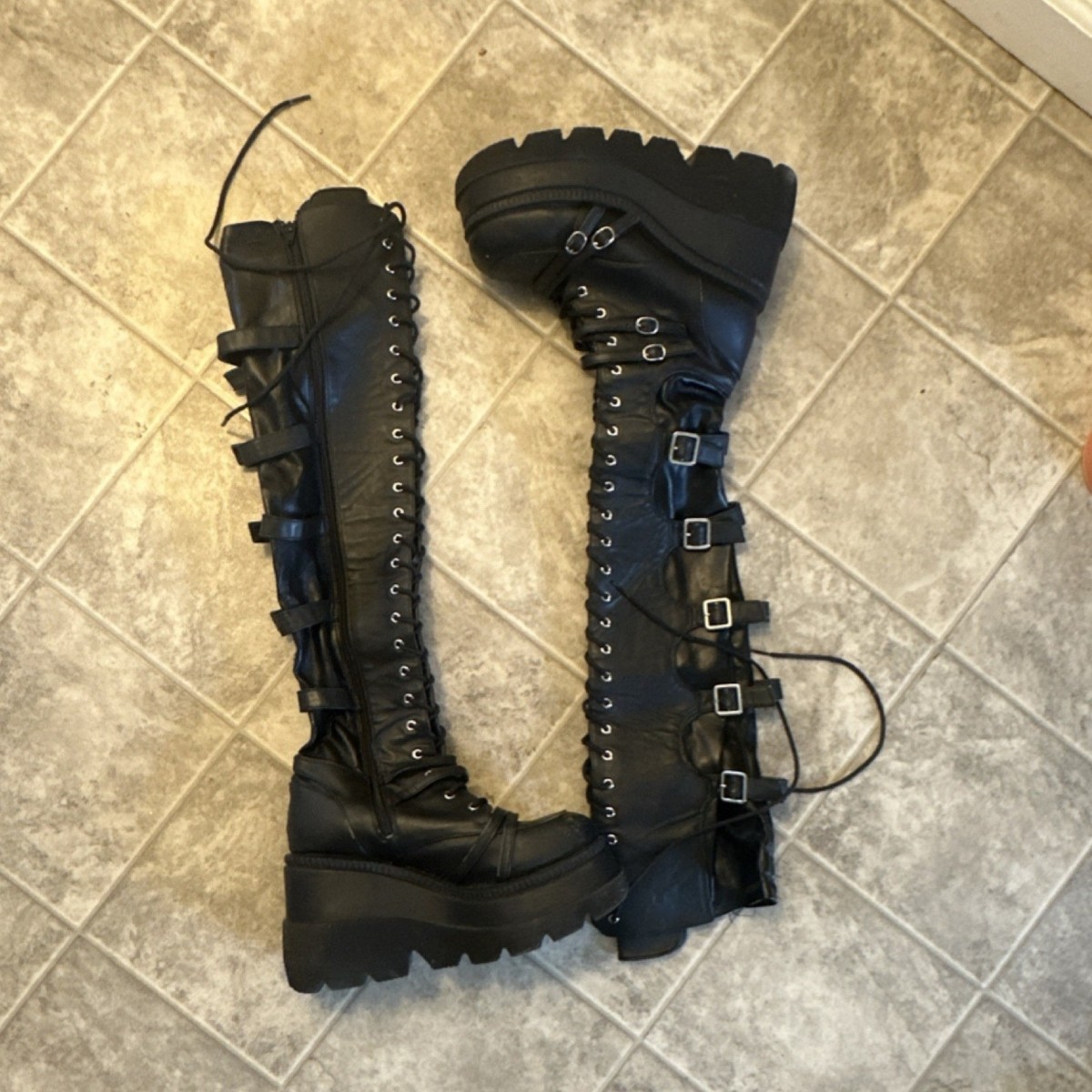 Demonia Black Knee High Platform Lace Up Buckle Women display picture 1