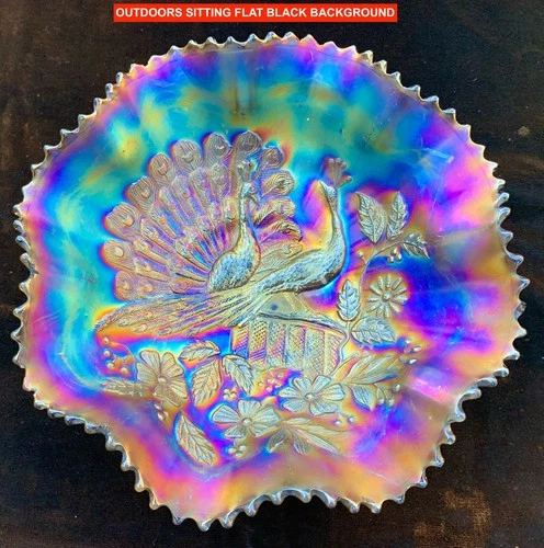 RARE NORTHWOOD SMOKE “PEACOCKS” CARNIVAL GLASS RUFFLED BOWL – RARE!!!!!!