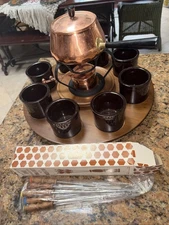 Vntg  MCM Fondue Set  Hellerware  Ceramic Wood Turntable & Enkore fork set NOS 5