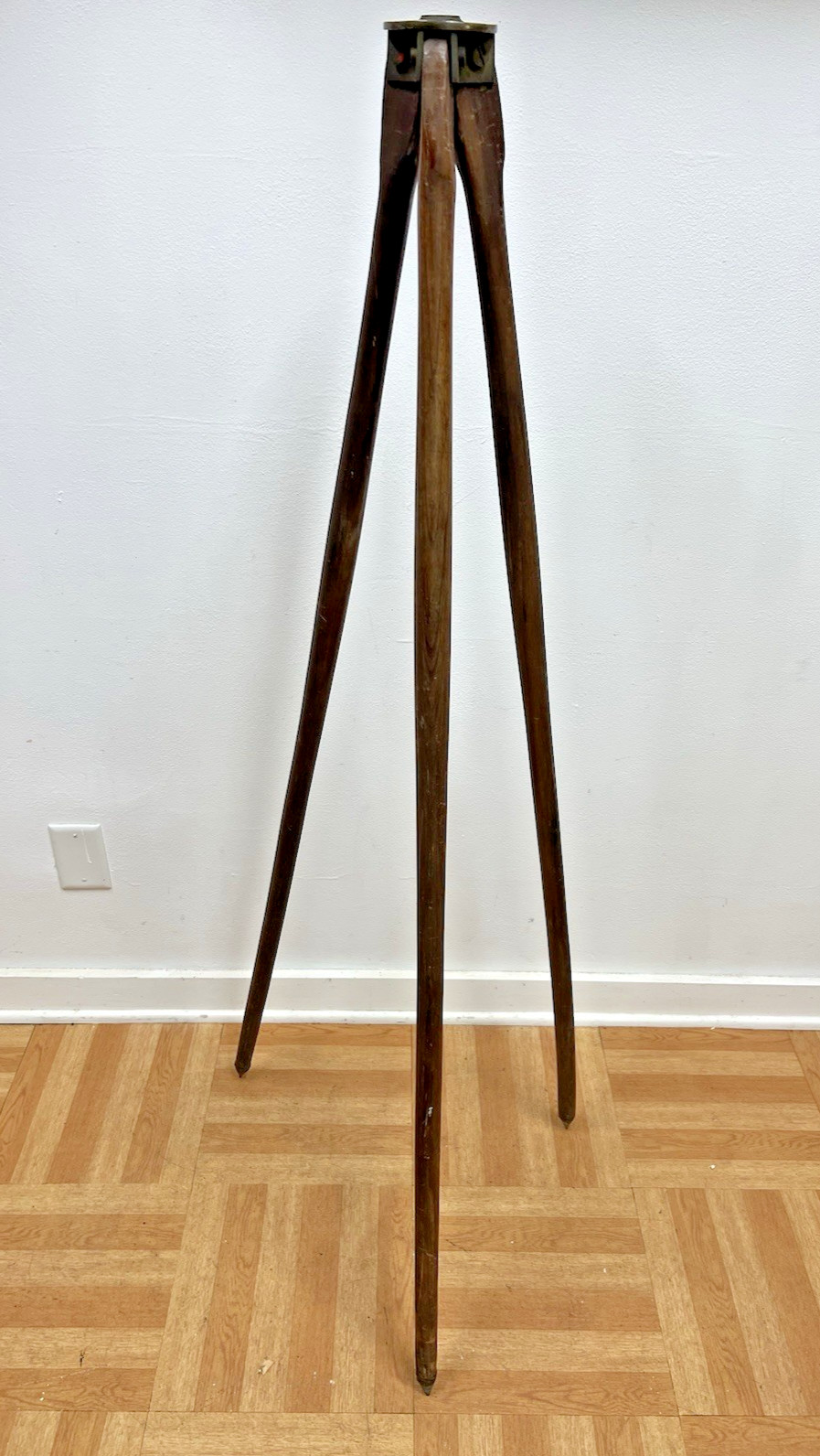 Vintage WOOD TRIPOD rustic decor transit light stand survey industrial brass 4'