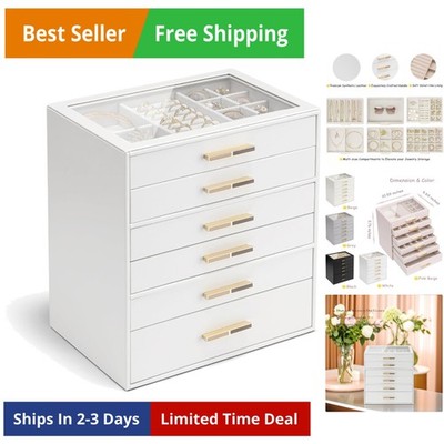 6-Drawer Jewelry Box with Glass Lid, Faux Leather Organizer for Rings Earring...