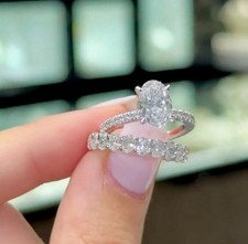 3 CT Oval Cut Moissanite Wedding Bridal Ring Set 14K White Gold Plated For Women