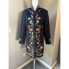 Victor Costa Occasion Black Floral Embroidered Mandarin Collar Jacket Womens M