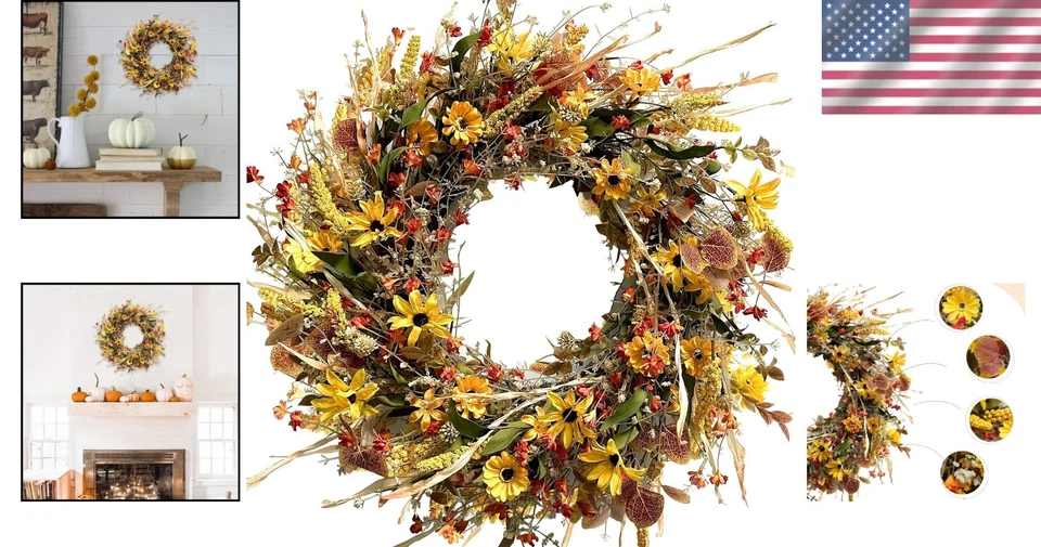 Exuberante guirnalda amarilla de margaritas y flores silvestres de 24 pulgadas para puertas delanteras y traseras Foto 2 de 4