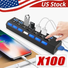 USB Hub 7 Port On/Off Switch High Speed Splitter AC Adapter Cable PC Laptop Lot