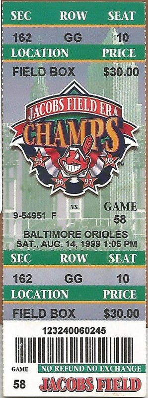 Jim Thome Grand Slam HR# 185 Orioles @ Indians 8/14/99 Ticket Stub