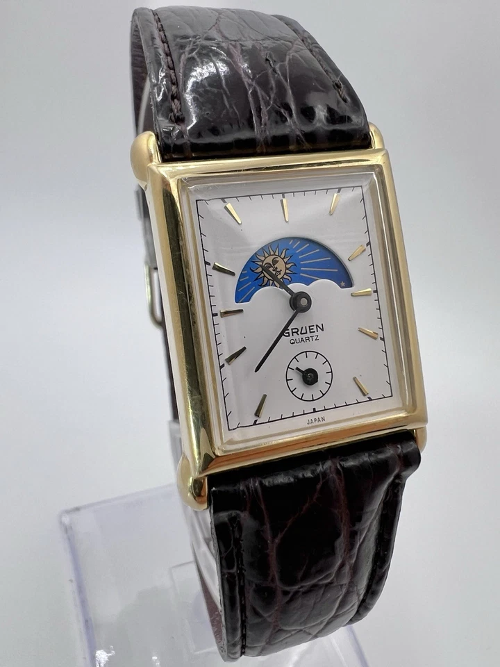 Raro Reloj Hombre Vintage Gruen Tank Fase Solar Fase Lunar Cuarzo Elegante Elegante Foto 3 de 4