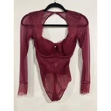 Victoria's Secret 32C Burgundy Lace Bodysuit Sheer Mesh Lingerie Dark Feminine